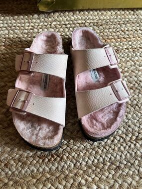 Birkenstock Pink Two-Strap Shearling Lined Sandals